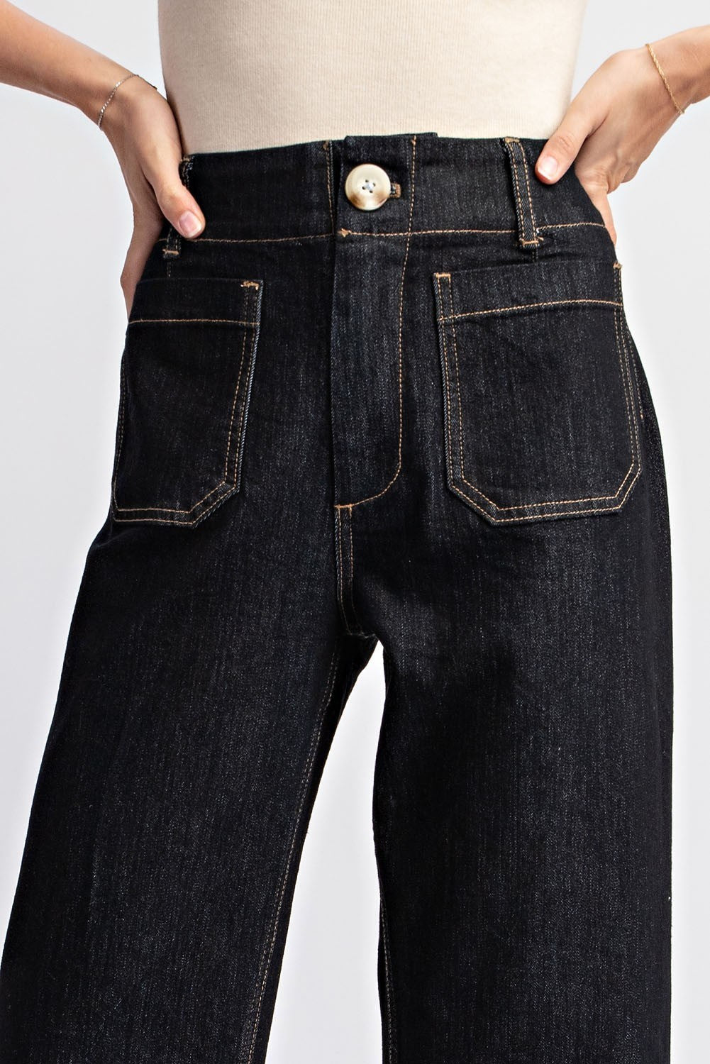 Black Denim Cropped Straight Leg Pants