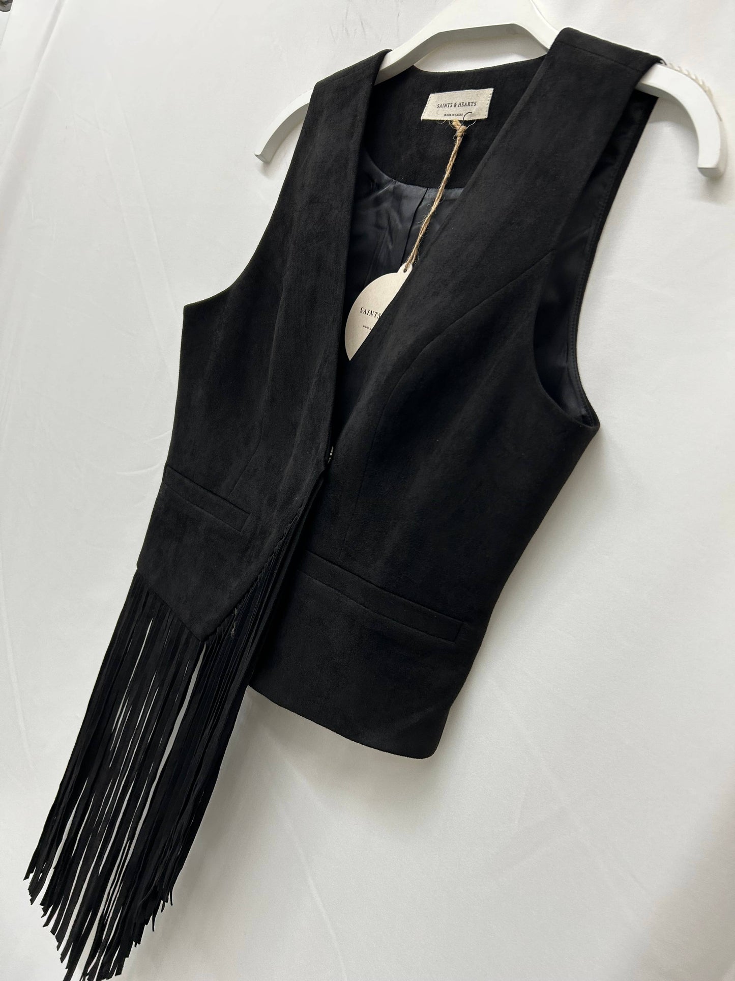 Black Asymmetrical Faux Suede Fringe Vest