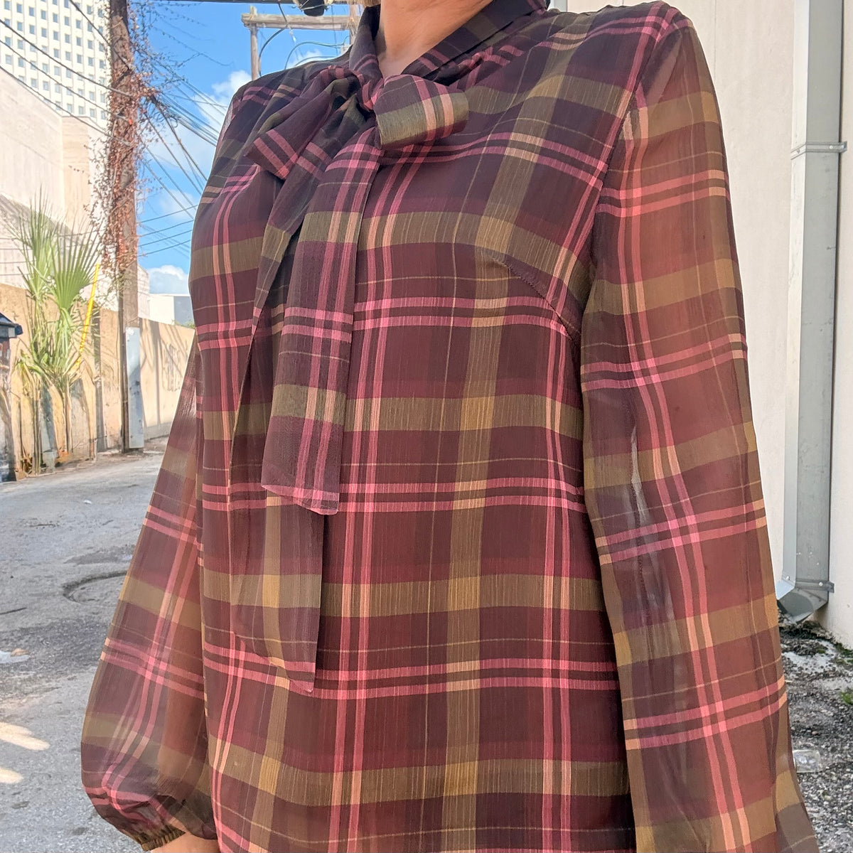 After Hours Sheer Plaid Tie-Neck Blouse (part of a set)
