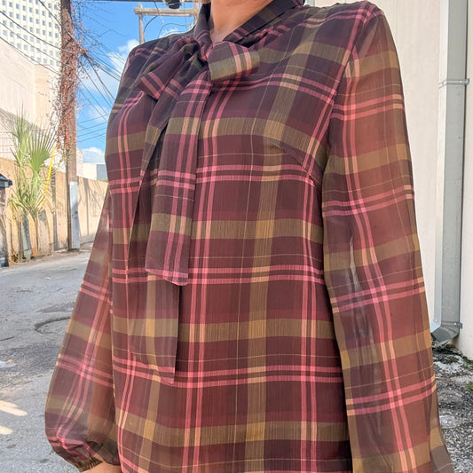 After Hours Sheer Plaid Tie-Neck Blouse (part of a set)