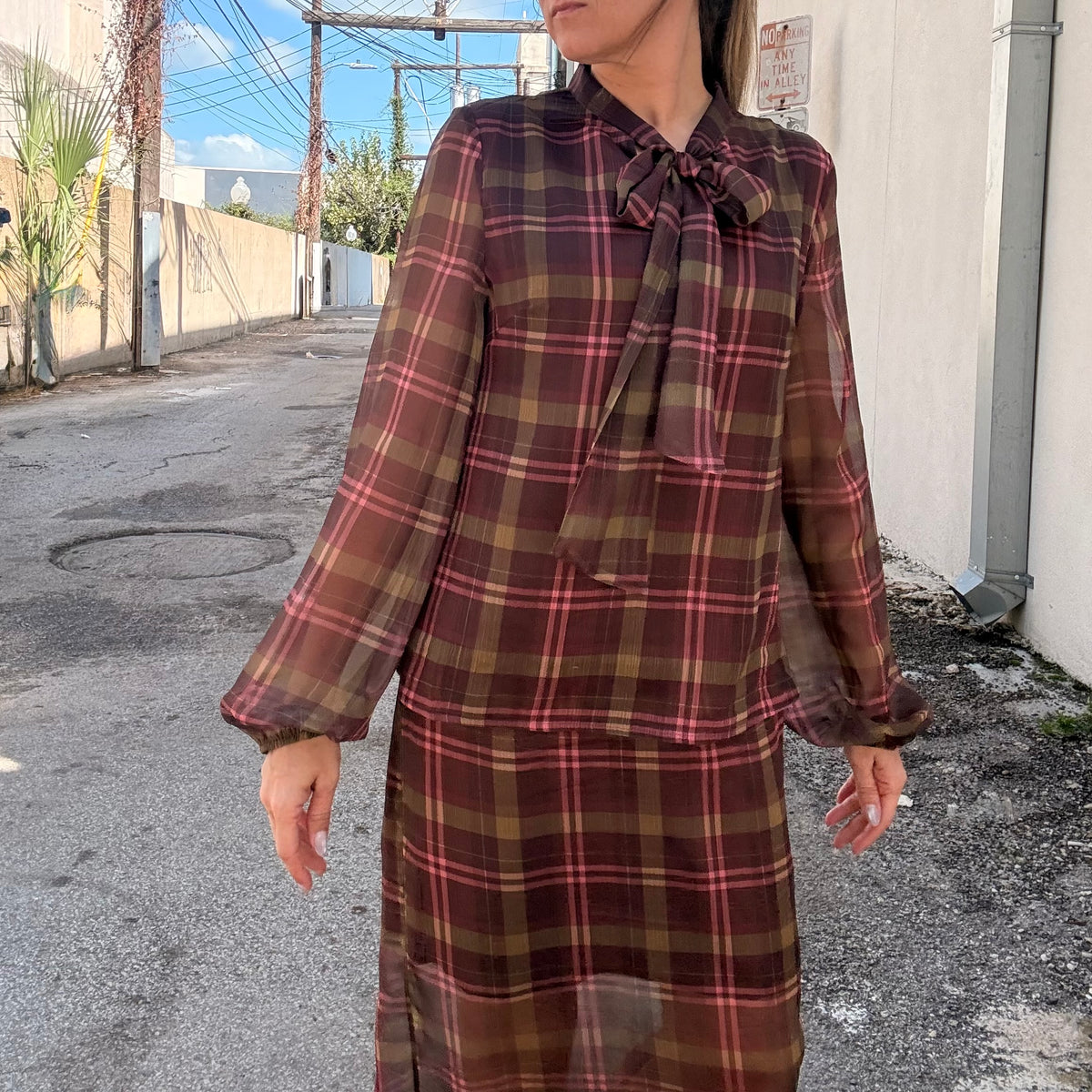 After Hours Sheer Plaid Midi Skirt (part of a set)