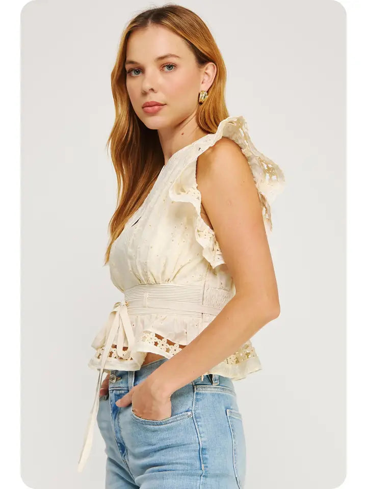 Cream Eyelet Lace Trim Flutter Sleeve Peplum Top