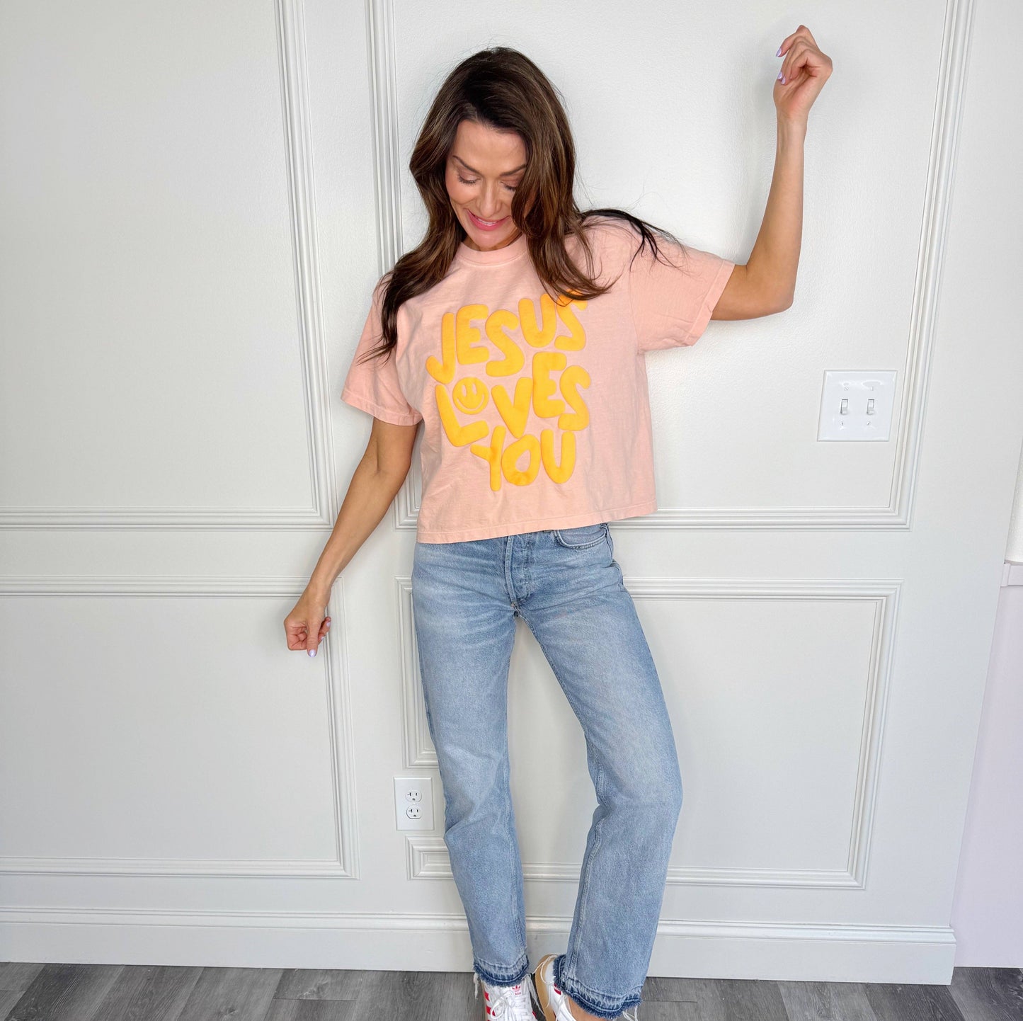 Neon Cantaloupe Smiley Jesus Loves You Puff Cropped Tee