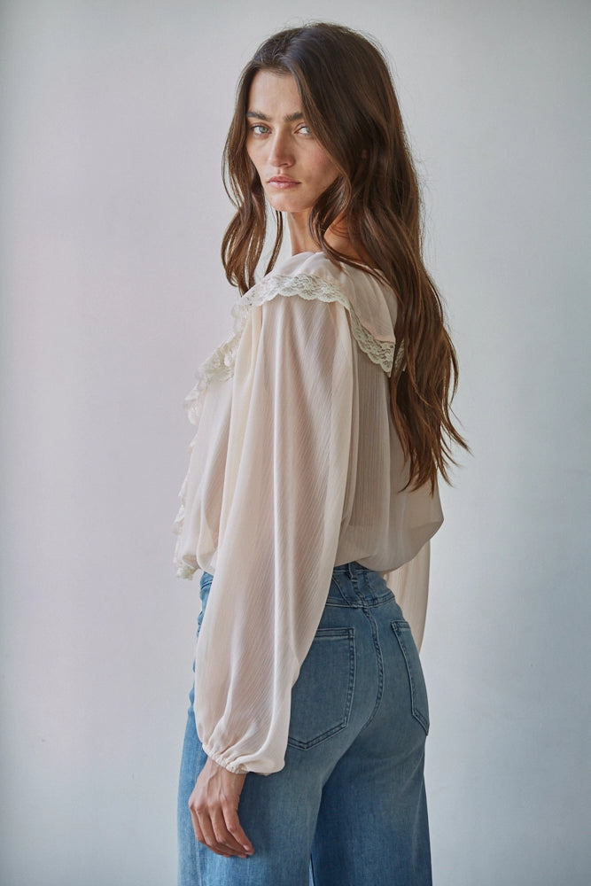 Soft Blush Chiffon Long Sleeve Ruffle Top
