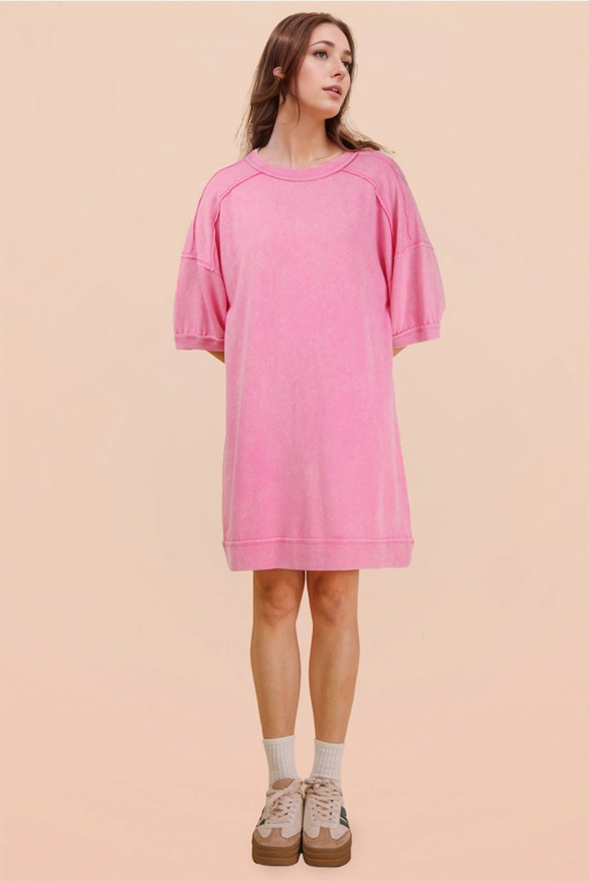 Pink Mineral Washed French Terry Knit Casual Mini Dress