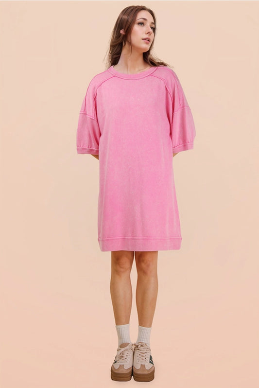 Pink Mineral Washed French Terry Knit Casual Mini Dress