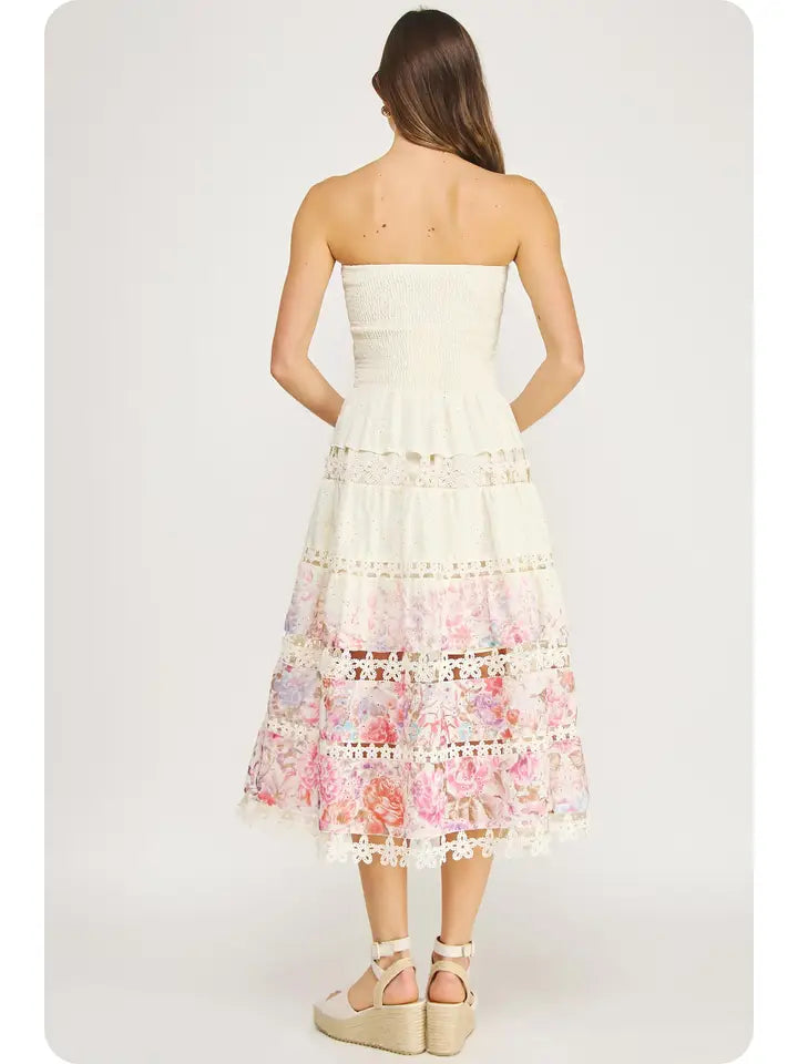 Pink and Beige Eyelet Lace Tube Dress in Floral Print