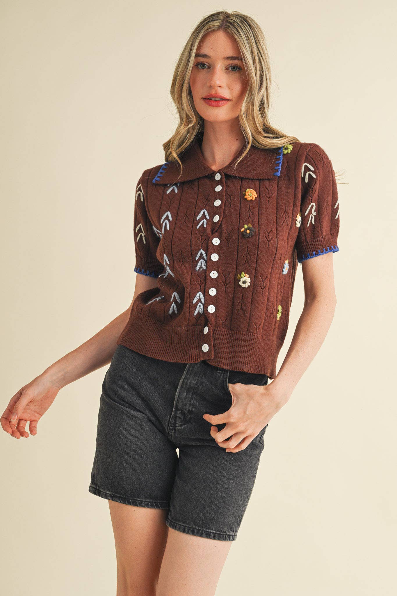 Brown Hand Embroidered Short Sleeve Button Down Sweater