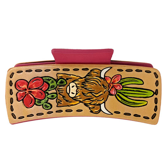 Western Bull Flower Cactus Leather Hair Claw: PKMT / ONE SIZE