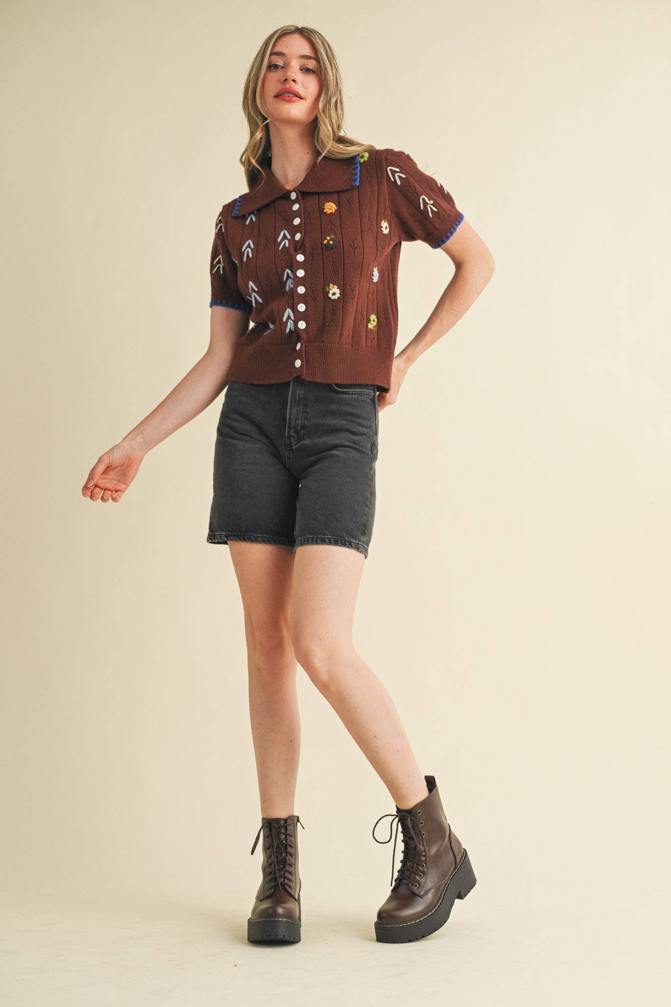 Brown Hand Embroidered Short Sleeve Button Down Sweater