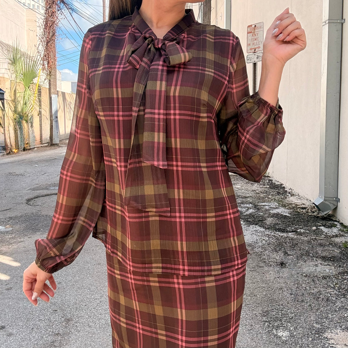 After Hours Sheer Plaid Tie-Neck Blouse (part of a set)