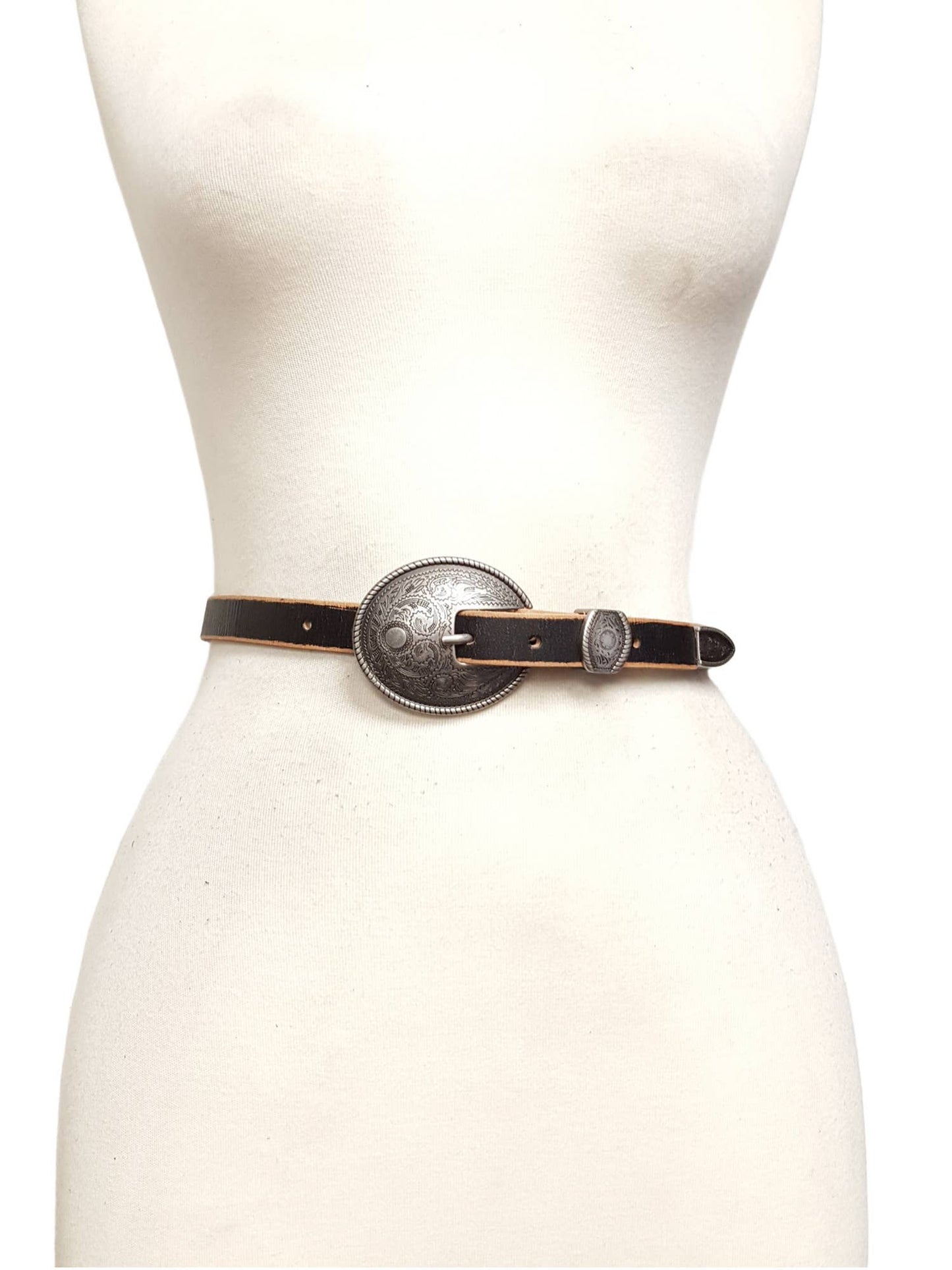 Brown Vintage Skinny Leather Belt w.  antique silver floral buckle