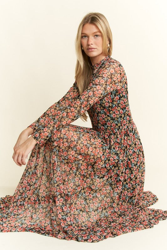 Floral Print Black Maxi Dress