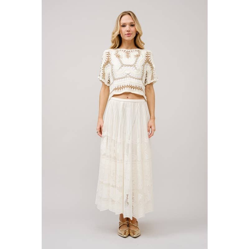 Crochet Metallic Short Sleeve Thread Crop Top: TAUPE / S-M-L(2-2-2)