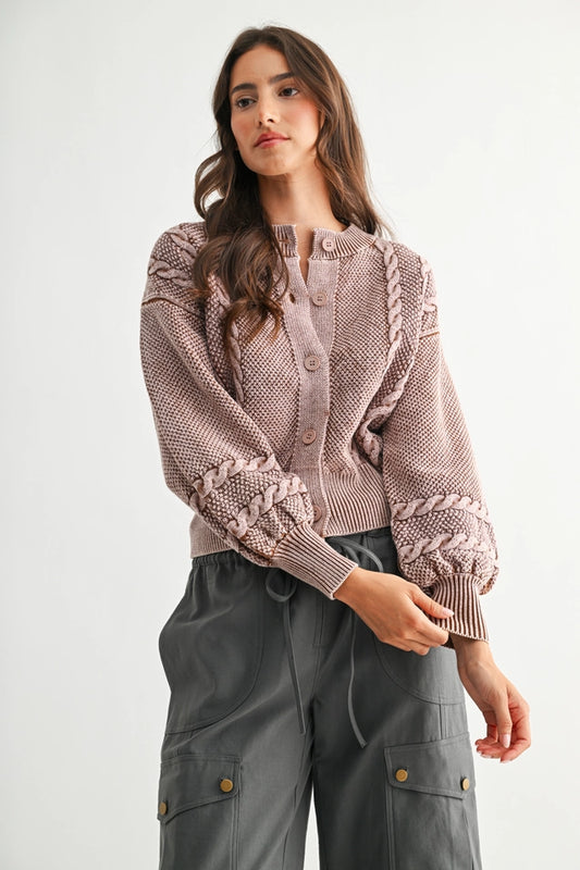 Washed Brown Cable Knit Cardigan