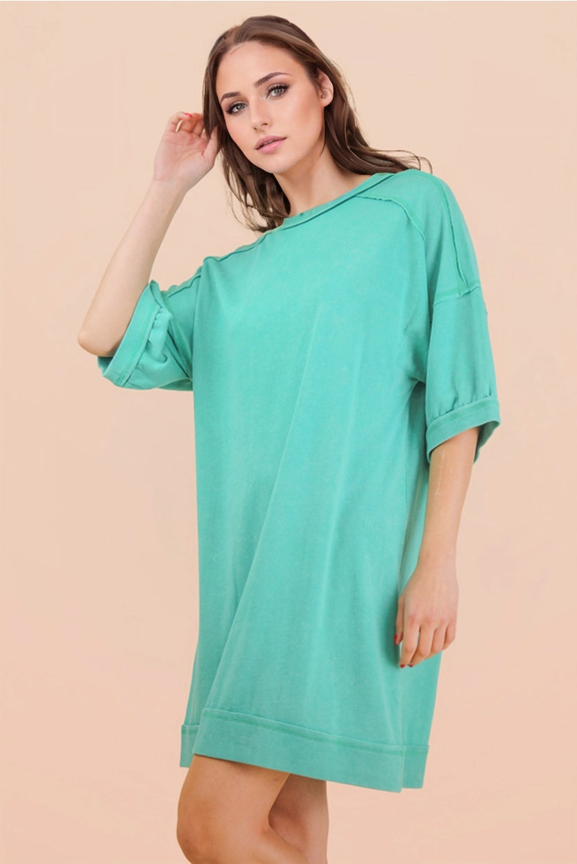 Sea Foam Mineral Washed French Terry Knit Casual Mini Dress