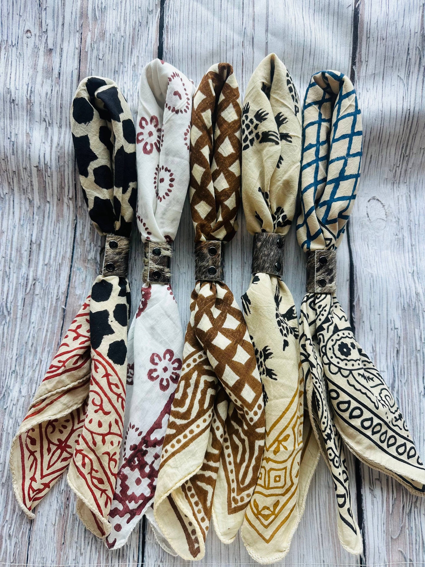 Boho Bandanas With Cowhide Leather Slides