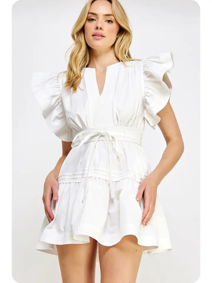 White Flutter Sleeve Poplin Mini Dress