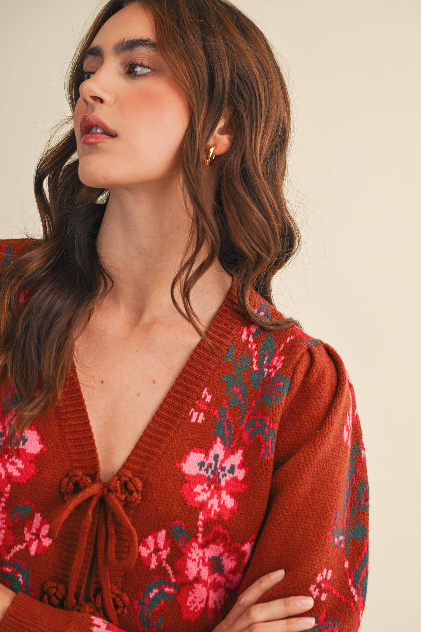 Brick Red Floral Knit Tie-Front Cropped Sweater