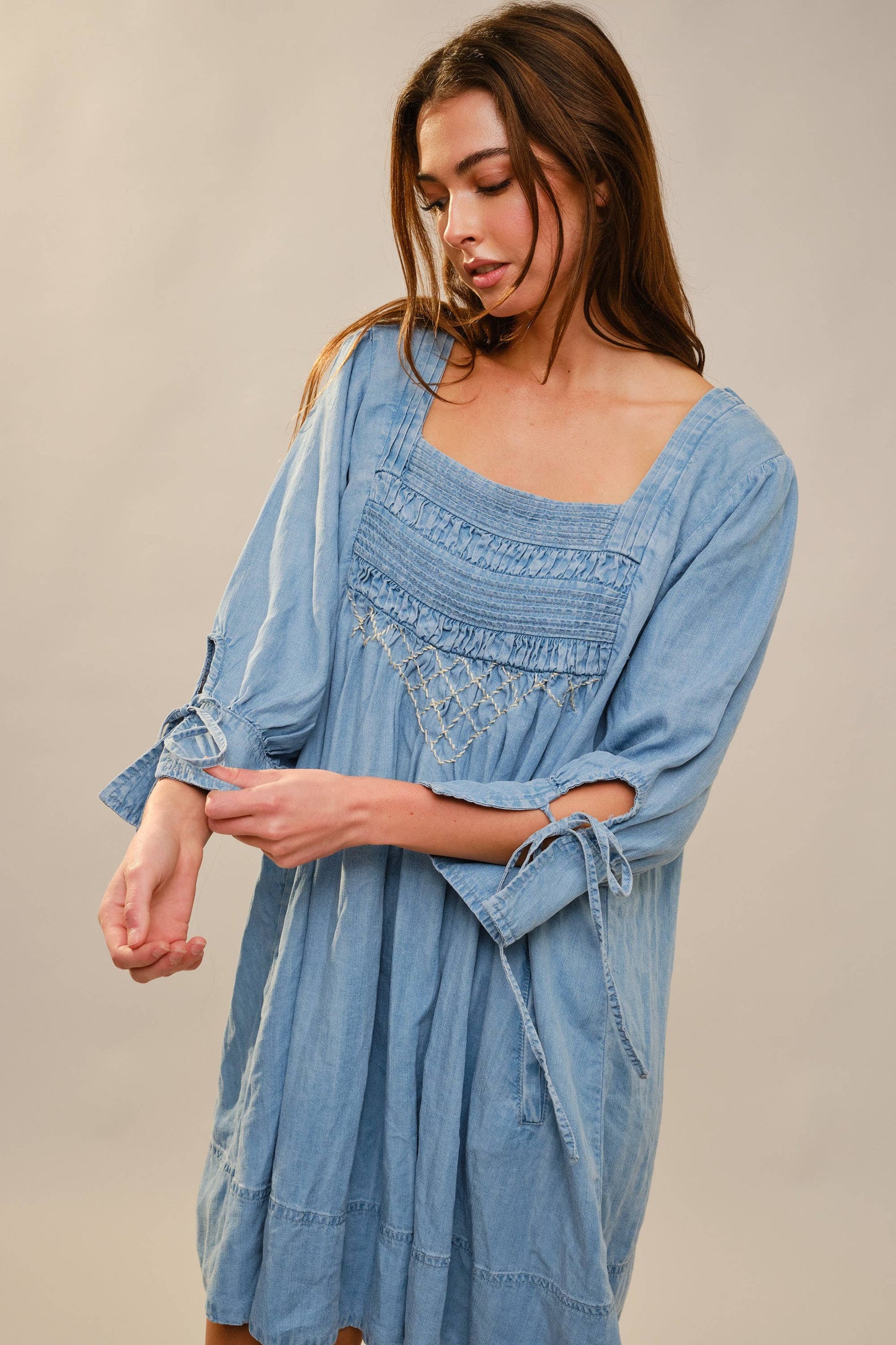 3/4 Sleeve Stitch Detail Chambray Dress