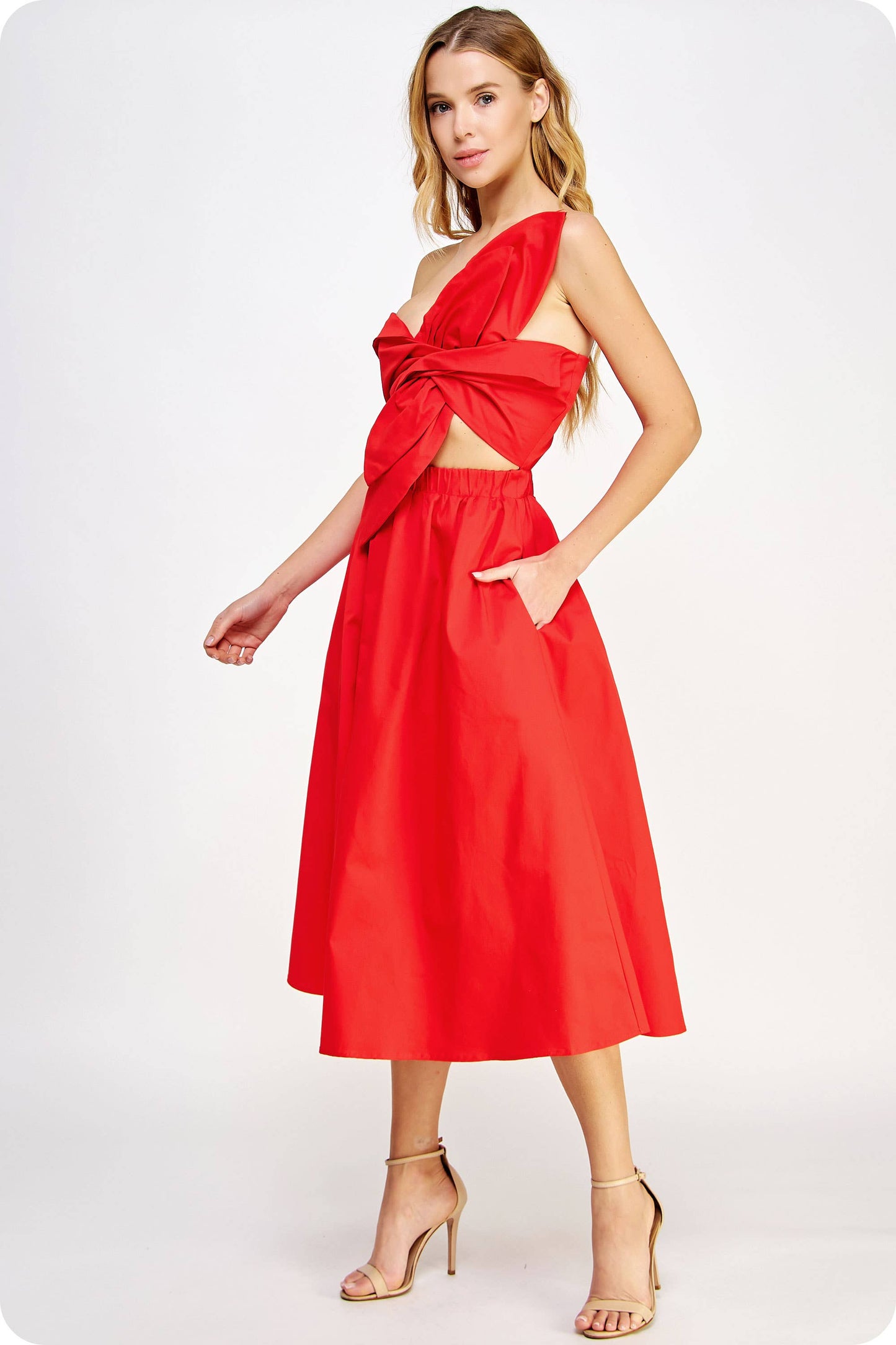 Knotted Flower Bow Midi Dress: Cherry Red / S