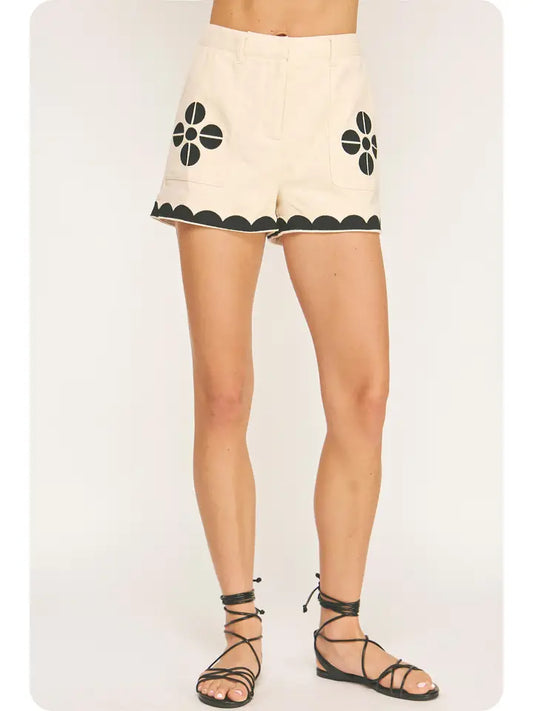 Ecru/black Contrast Embroidery Shorts
