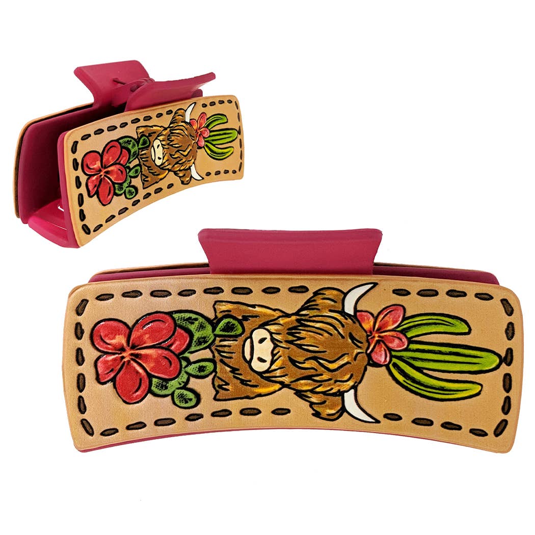 Western Bull Flower Cactus Leather Hair Claw: PKMT / ONE SIZE