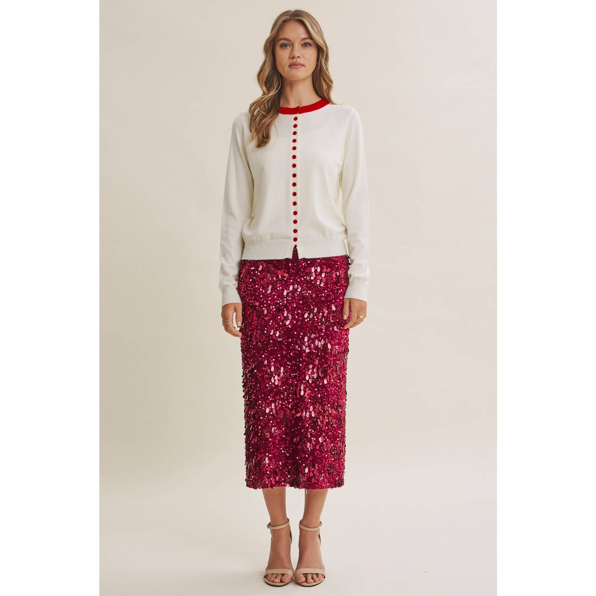 Harvest Glow Sequin Midi Skirt in Cranberry Kiss