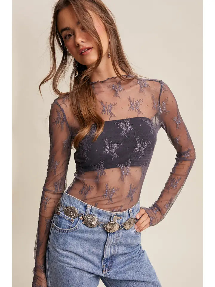 Midnight Sheer Lace Long-Sleeve Top