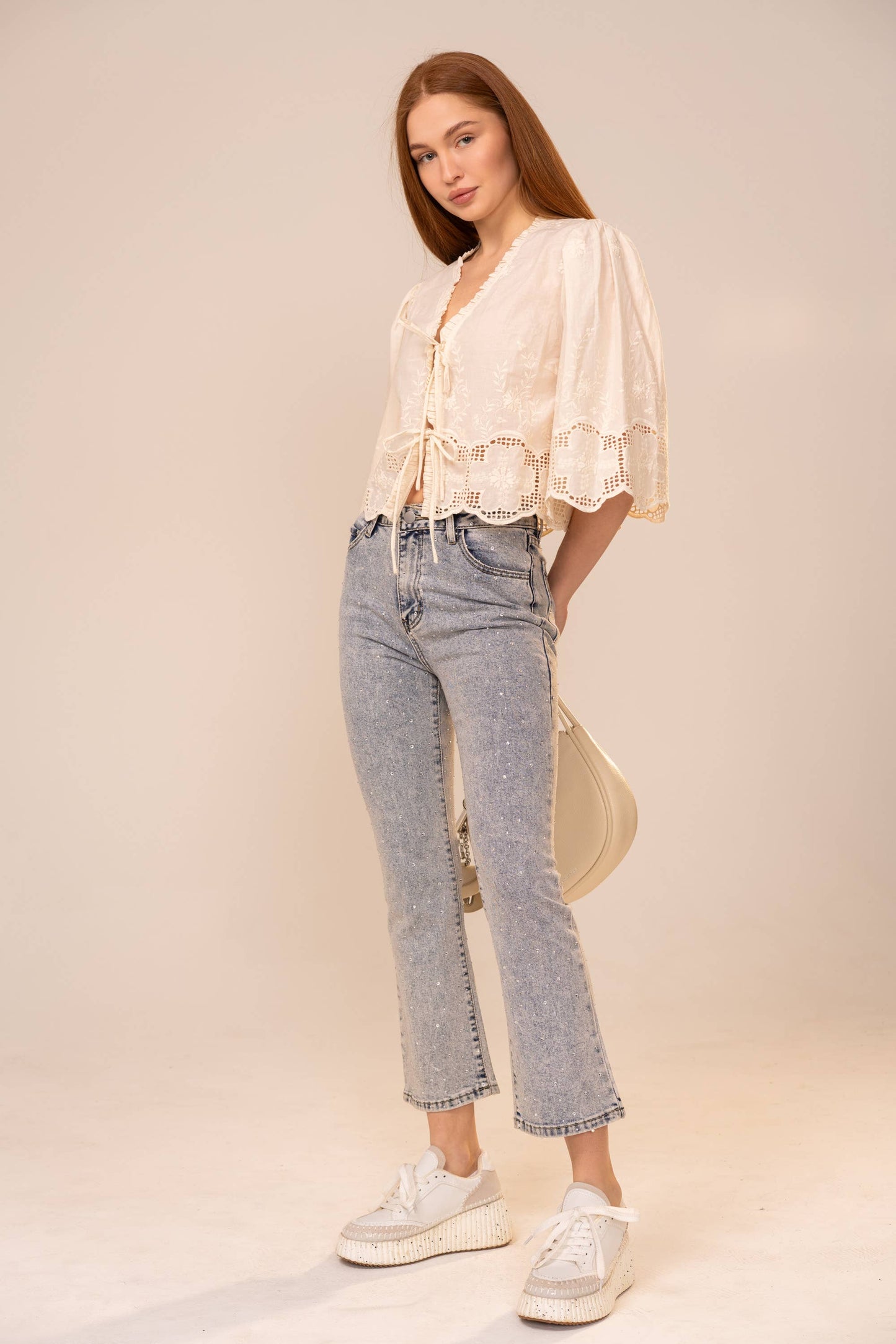 Ivory Puff Sleeve Embroidered Eyelet Tie Blouse