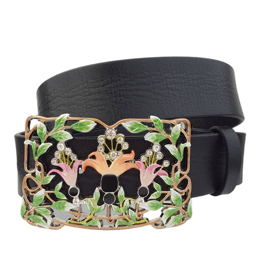 Floral Buckle Genuine Leather belt with Western-Inspired Floral Buckle