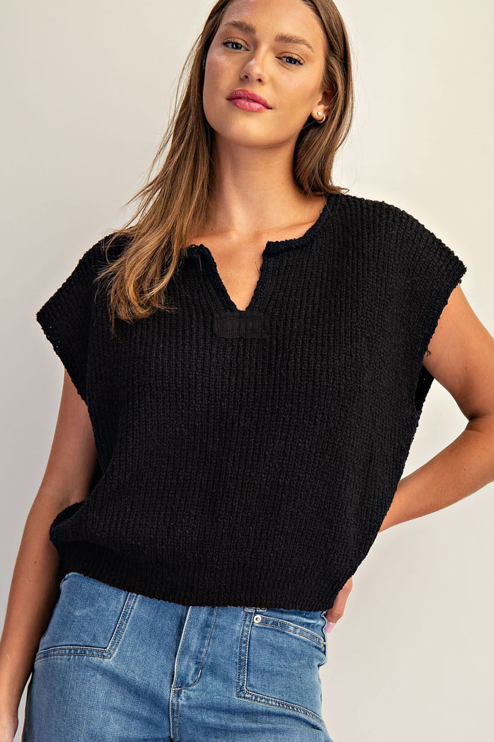 Black Solid Cap Sleeve Notched Neck Knit Sweater