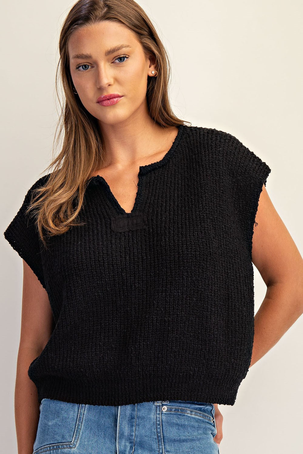 Black Solid Cap Sleeve Notched Neck Knit Sweater