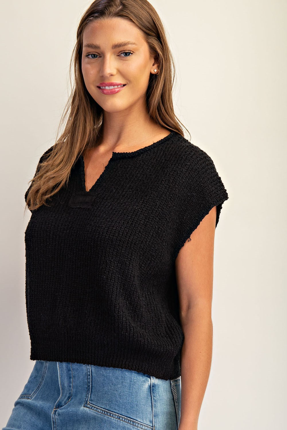 Black Solid Cap Sleeve Notched Neck Knit Sweater