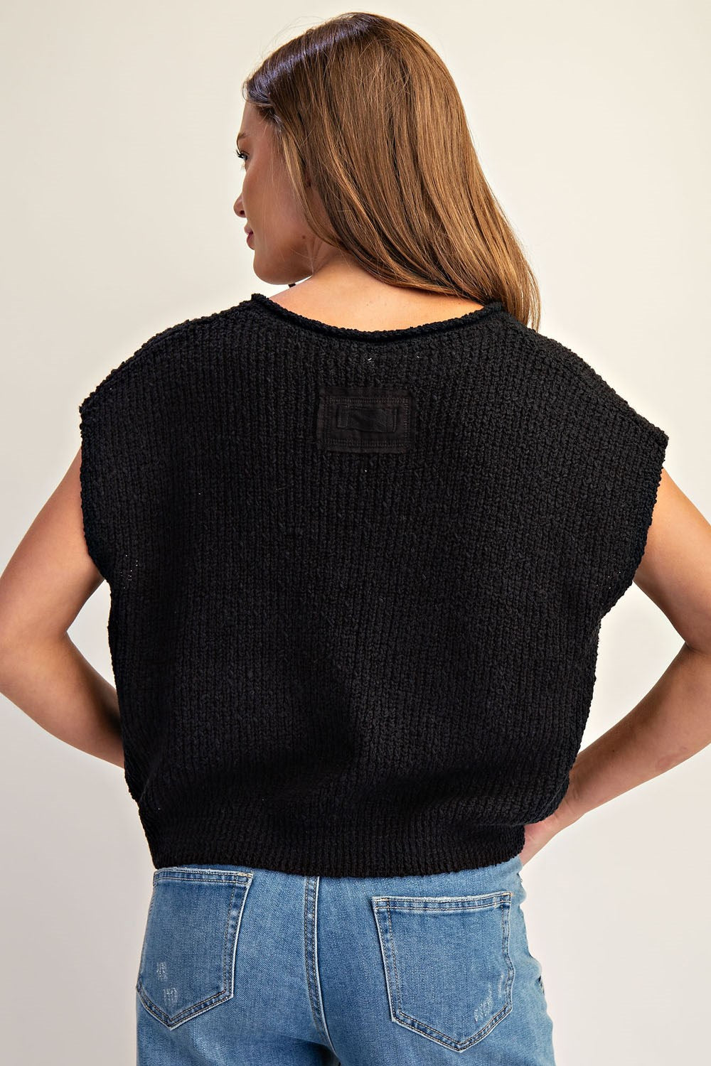 Black Solid Cap Sleeve Notched Neck Knit Sweater