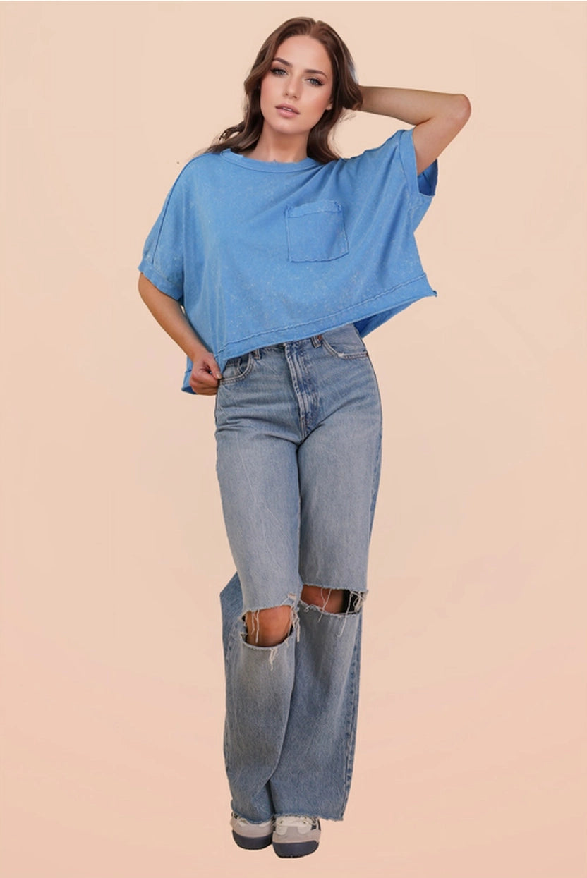 Blue Mineral Washed Oversized Crop Comfy Knit Top