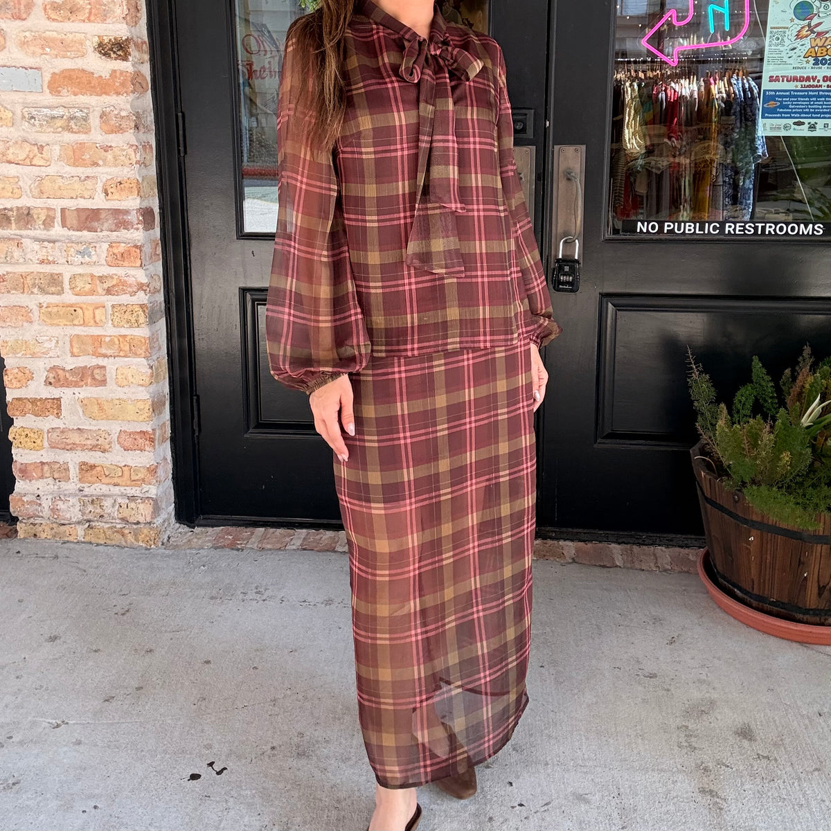 After Hours Sheer Plaid Midi Skirt (part of a set)