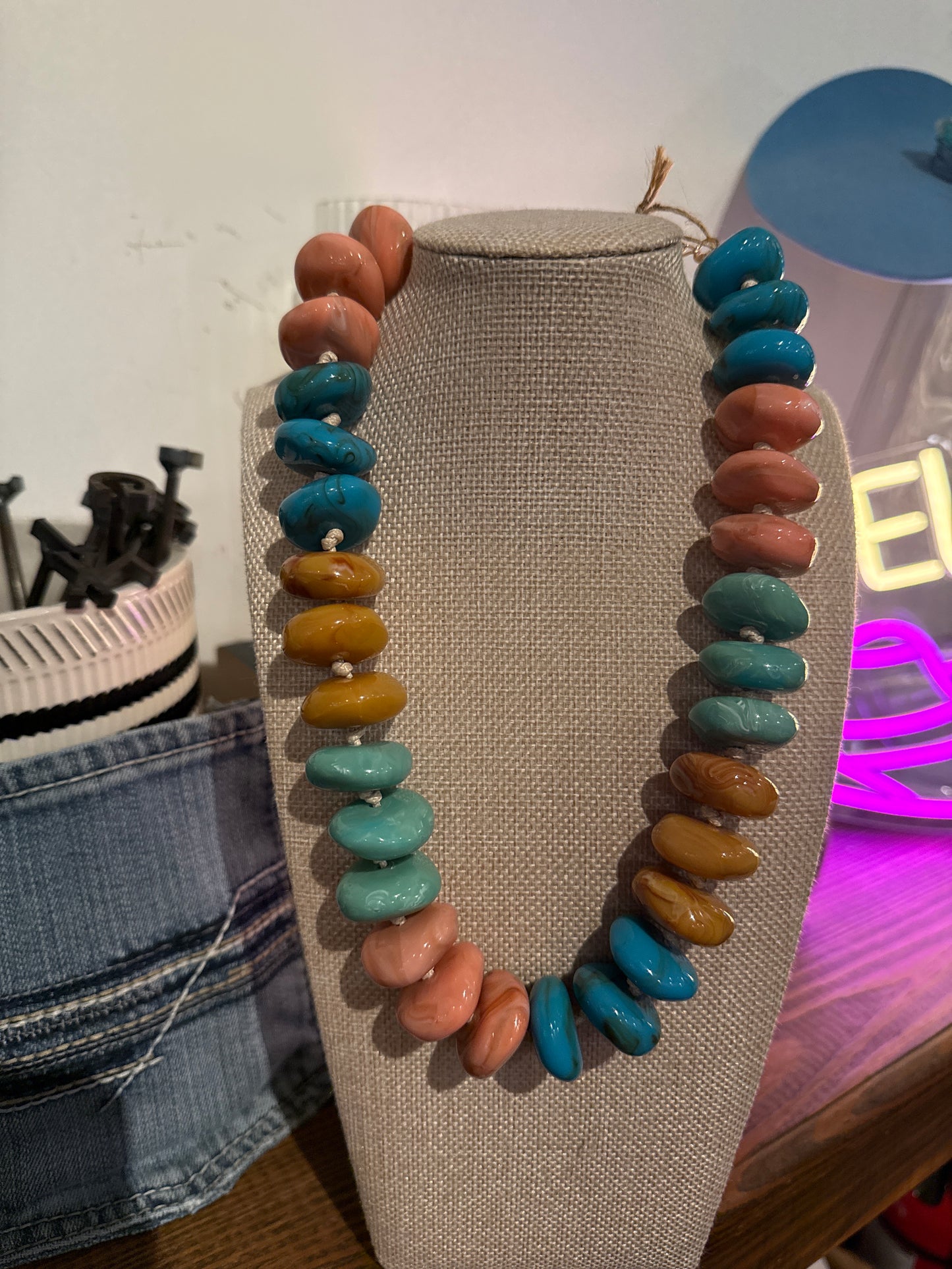 Hailey Chunky Beaded Necklace- Honey/Pink/Turquoise
