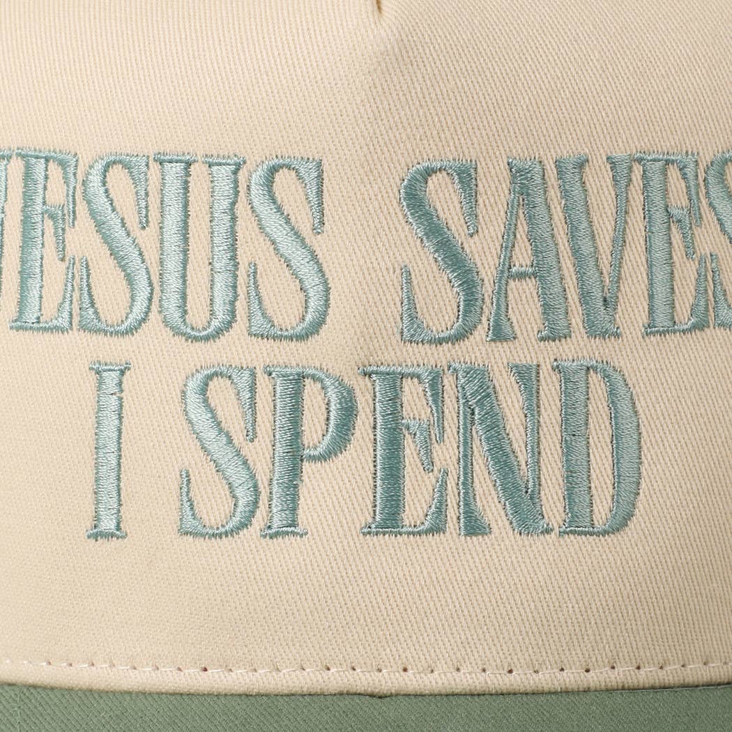 JESUS SAVES I SPEND Embroidery Trucker Hat: HOT PINK / ONE SIZE