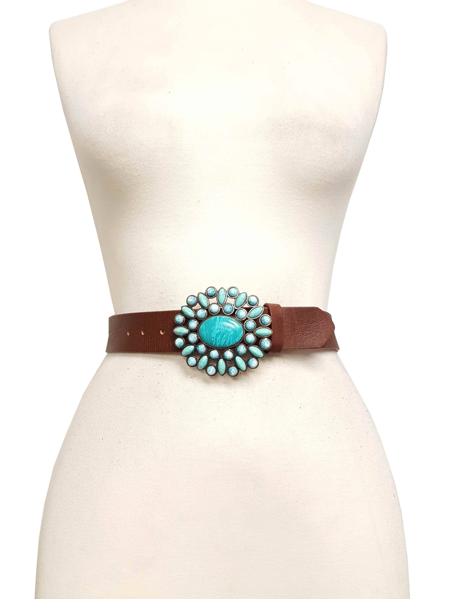 Genuine leather belt w. Western Turquoise Floral Buckle: Black
