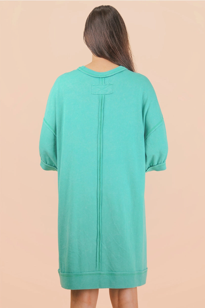 Sea Foam Mineral Washed French Terry Knit Casual Mini Dress