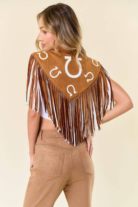 Lucky Horseshoe Fringe Faux Suede Shrug