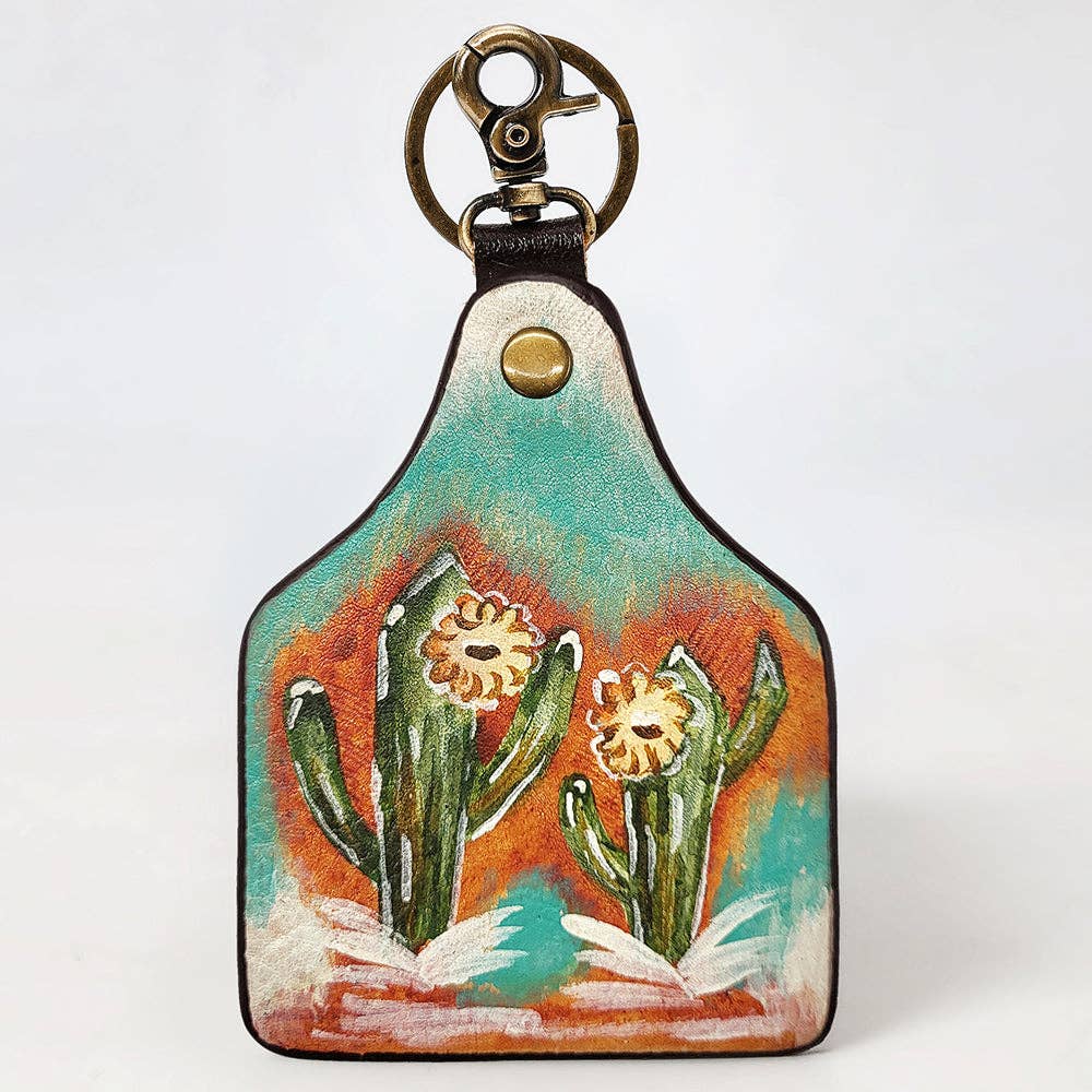 Hand-Painted Cowhide Leather Keyring   Southwestern Cactus Bloom Design