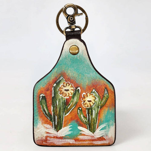 Hand-Painted Cowhide Leather Keyring   Southwestern Cactus Bloom Design
