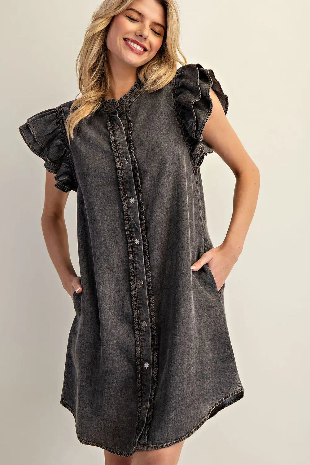 Snow Washed Button Down Ruffle Dress