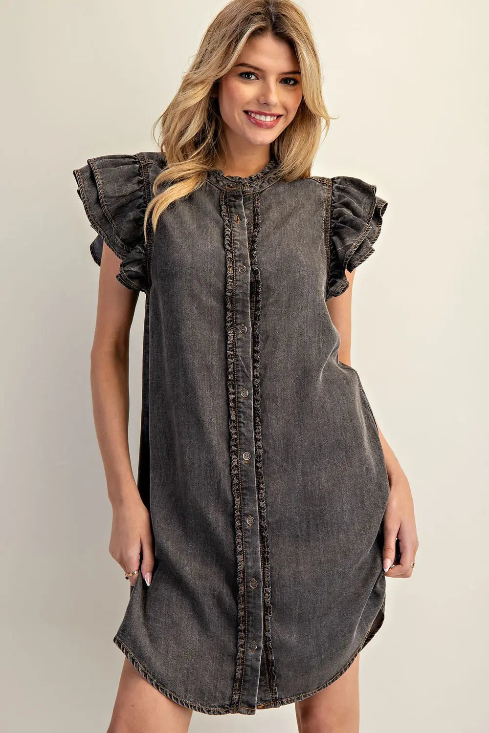 Snow Washed Button Down Ruffle Dress