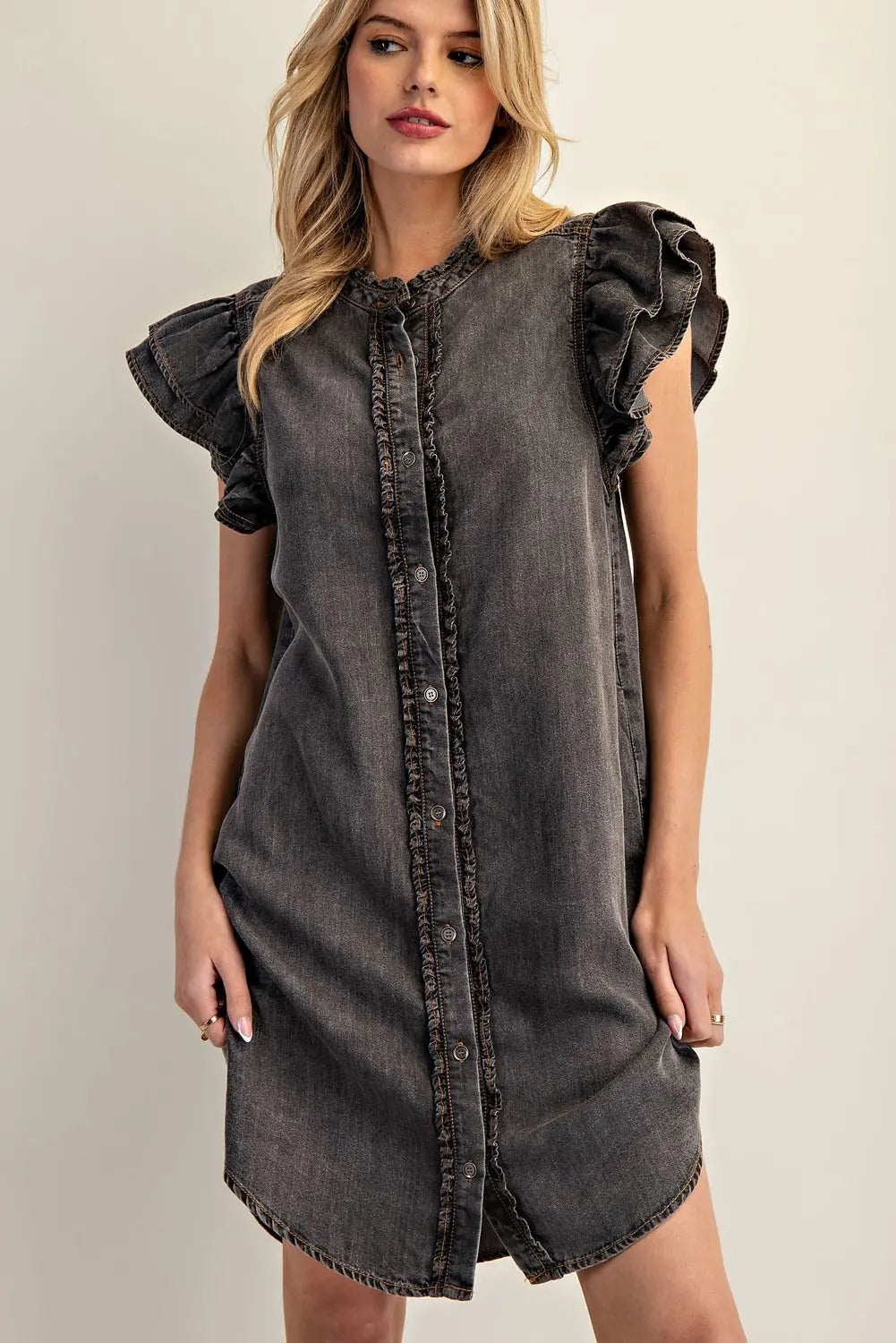 Snow Washed Button Down Ruffle Dress