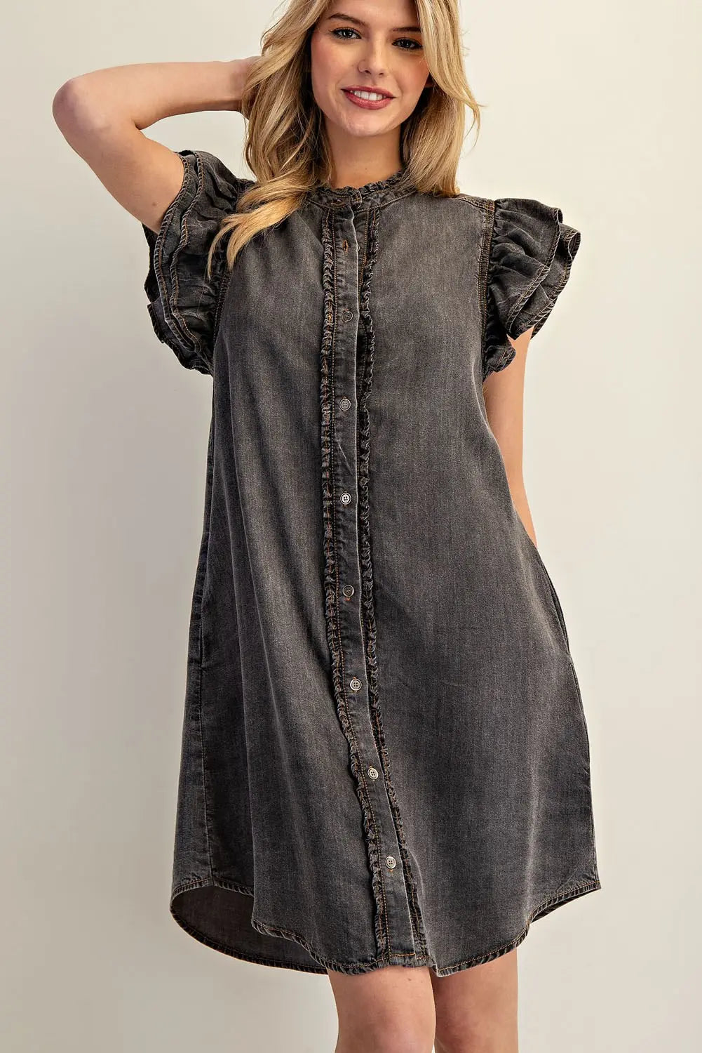Snow Washed Button Down Ruffle Dress