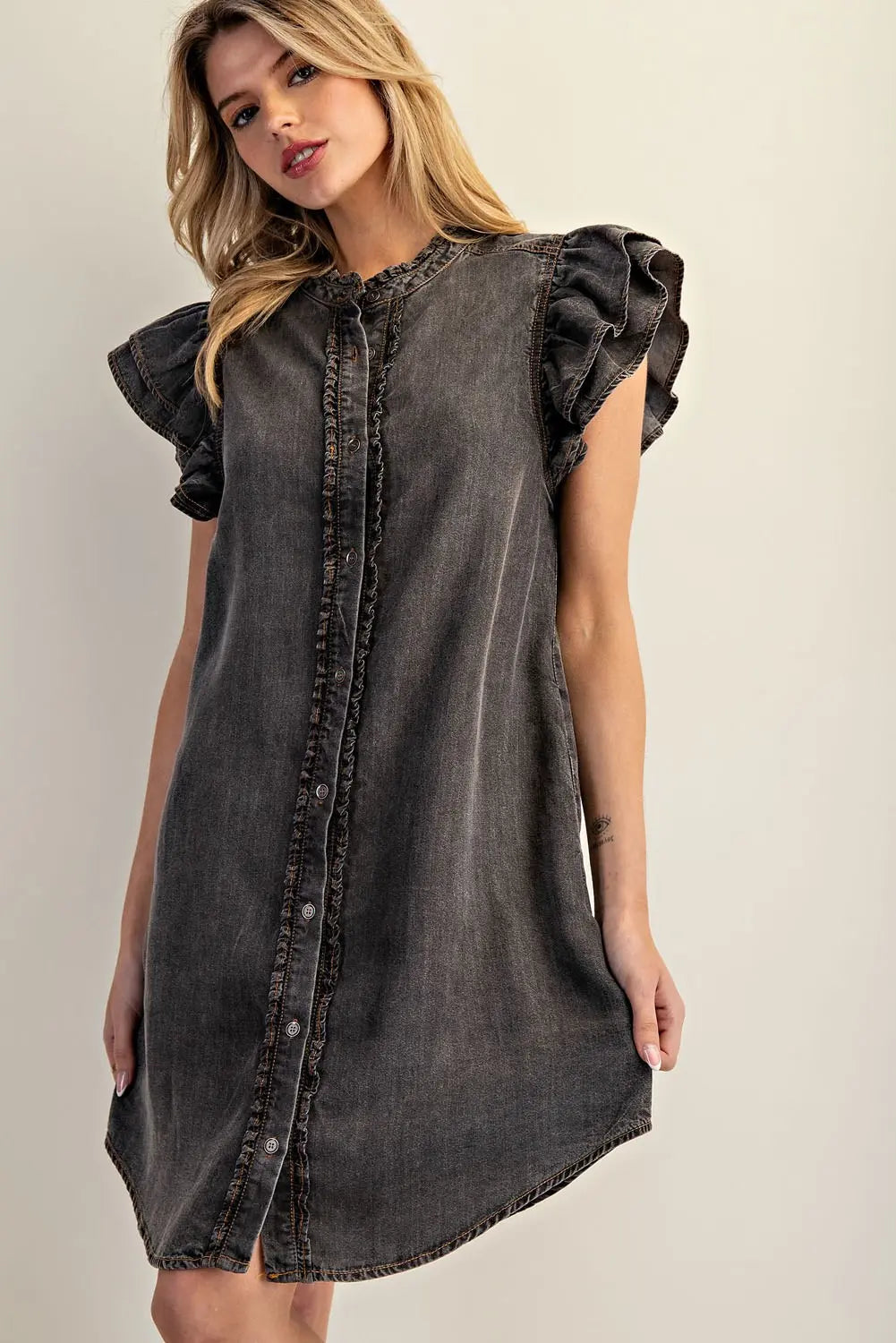 Snow Washed Button Down Ruffle Dress