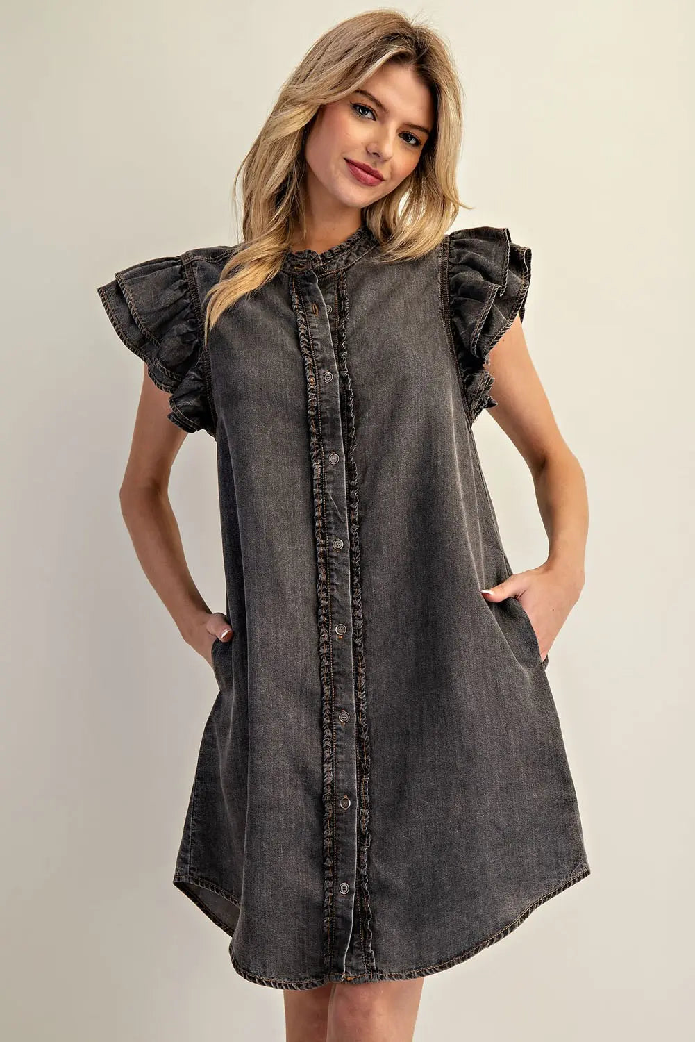 Snow Washed Button Down Ruffle Dress